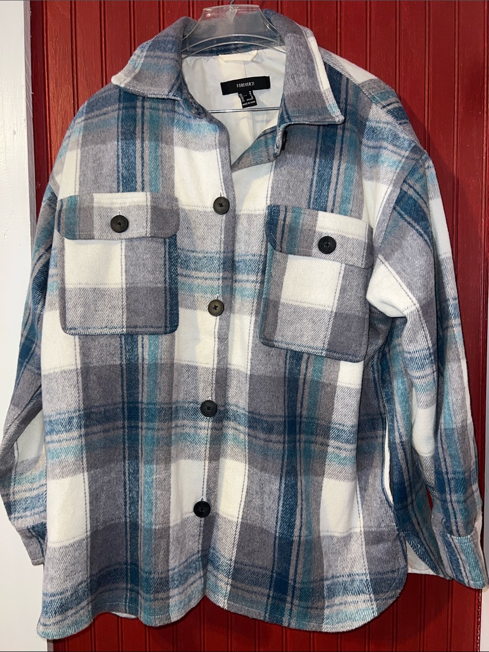 Forever 21 Blue White Gray Plaid Button-Front Shirt Jacket Wool Blend Lined M